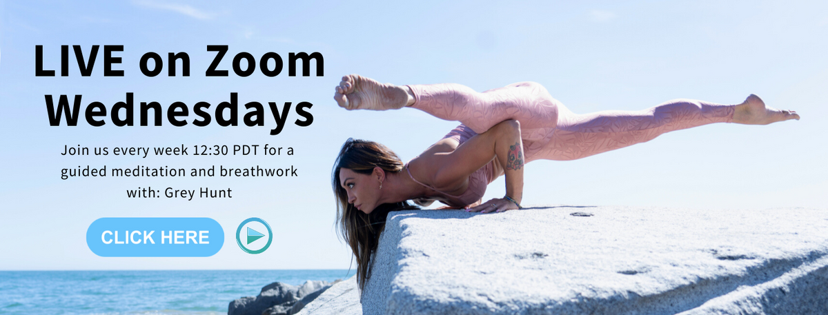 Wednesday live zoom meditation flyer invitation grey hunt splits yoga pose handstand ocean beach photography
