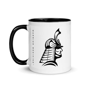 warrior soldier samurai face profile on white coffee mug with black handle