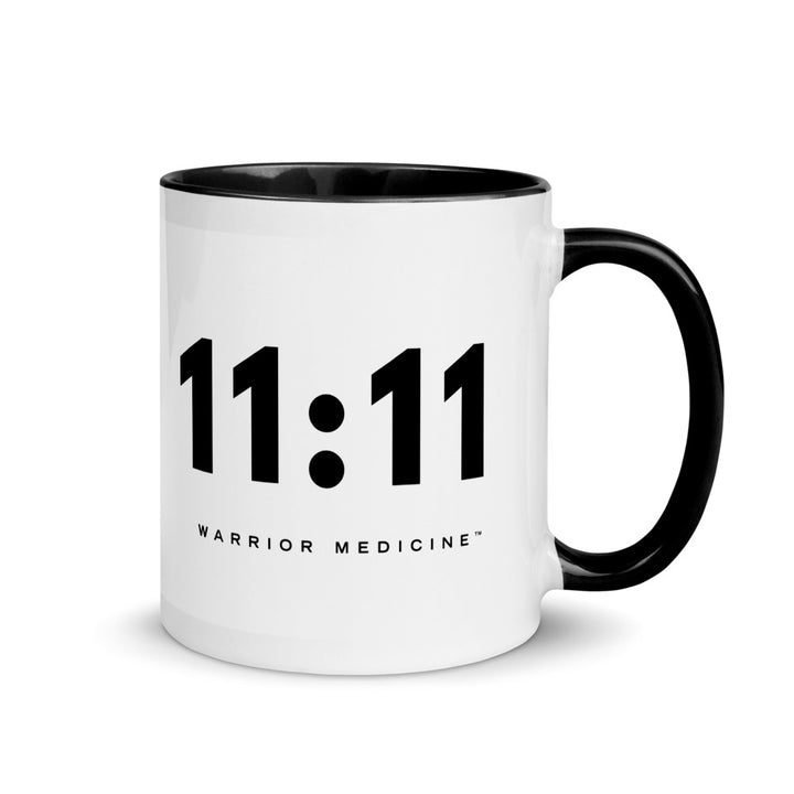 11:11 warrior medicine white coffee mug with black handle